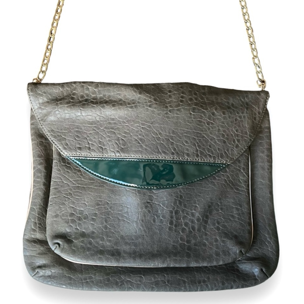 Deux Luxe Luxury Vegan Textured Leather Shoulder Bag Flap Chain Green Gray Pink